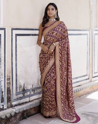 Purple pure georgette hand woven gharchola bandhani saree 1