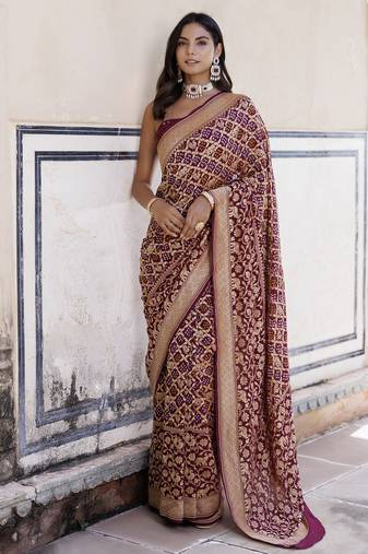 Purple pure georgette hand woven gharchola bandhani saree