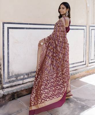 Purple pure georgette hand woven gharchola bandhani saree 5