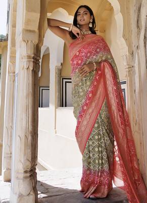 Pink green pure georgette hand woven gharchola bandhani saree 1