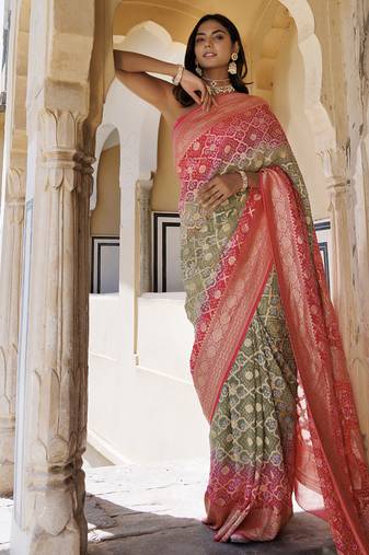 Pink green pure georgette hand woven gharchola bandhani saree