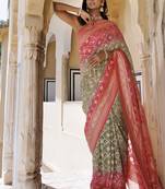 Pink green pure georgette hand woven gharchola bandhani saree