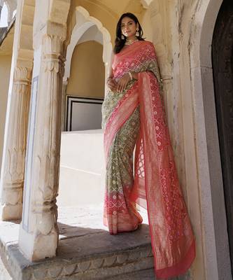 Pink green pure georgette hand woven gharchola bandhani saree 2