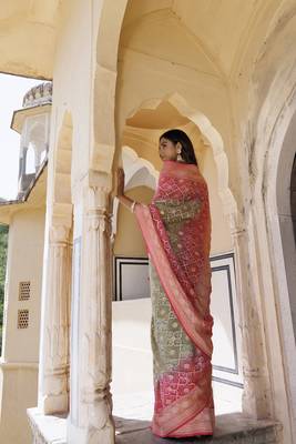Pink green pure georgette hand woven gharchola bandhani saree 3
