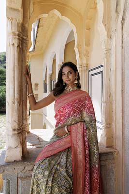 Pink green pure georgette hand woven gharchola bandhani saree 4