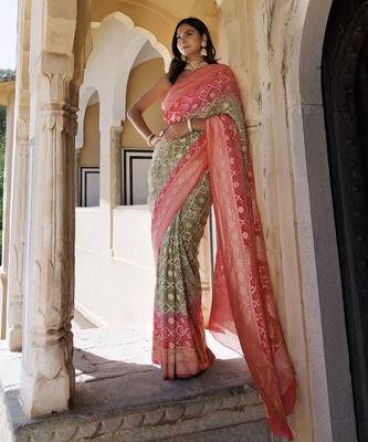 Pink green pure georgette hand woven gharchola bandhani saree 5
