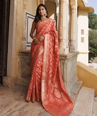 Peach silk banarasi bandhani saree 1