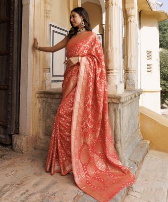 Peach silk banarasi bandhani saree 2