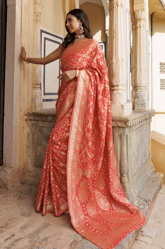 Peach silk banarasi bandhani saree
