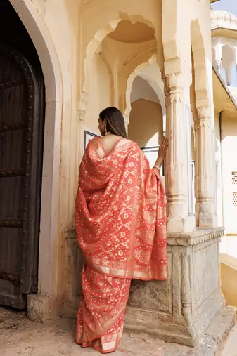 Peach silk banarasi bandhani saree