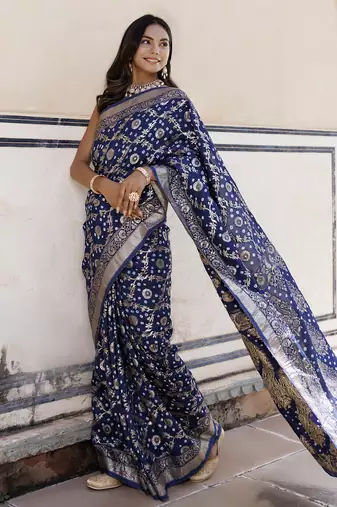 Blue silk banarasi bandhani saree