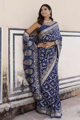 Blue silk banarasi bandhani saree