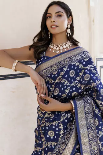 Blue silk banarasi bandhani saree
