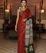 Red & blue bandhani silk saree with ajrakh zari pallu