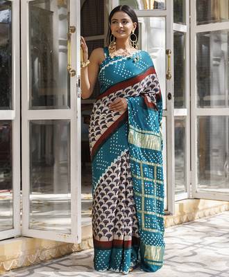 Green ajrakh handblock bandhani silk saree with zari gharchola pallu 1