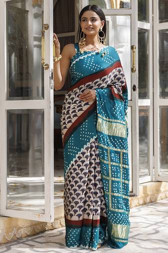 Green ajrakh handblock bandhani silk saree with zari gharchola pallu
