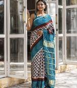 Green ajrakh handblock bandhani silk saree with zari gharchola pallu