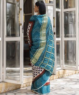 Green ajrakh handblock bandhani silk saree with zari gharchola pallu 2