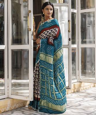 Green ajrakh handblock bandhani silk saree with zari gharchola pallu 4
