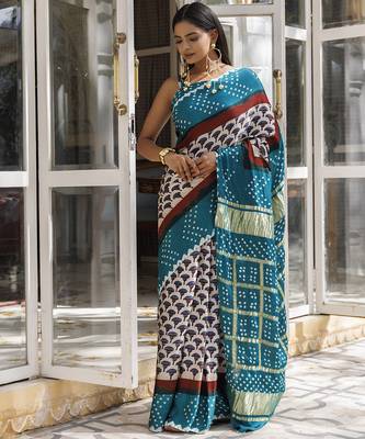 Green ajrakh handblock bandhani silk saree with zari gharchola pallu 5