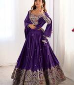 Dark Purple Embroidered Vichitra Silk Lehenga Set with Fancy Dupatta