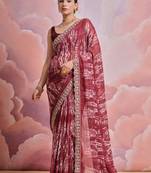 Red printed georgette saree with embroidered lace
