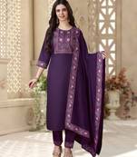 Purple linen floral print kurta with pant & dupatta