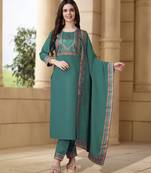 Turquoise linen floral print kurta with pant & dupatta