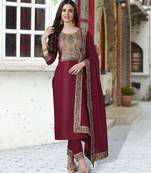 Maroon linen floral print kurta with pant & dupatta