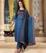 Teal linen floral print kurta with pant & dupatta