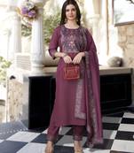 Mauve linen floral print kurta with pant & dupatta
