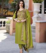 Lime green linen floral print kurta with pant & dupatta
