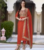 Orange linen floral print kurta with pant & dupatta