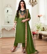 Green linen floral print kurta with pant & dupatta