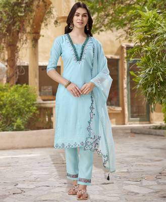 Sky blue viscose silk embroidered kurta with pant & dupatta 1