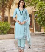 Sky blue viscose silk embroidered kurta with pant & dupatta