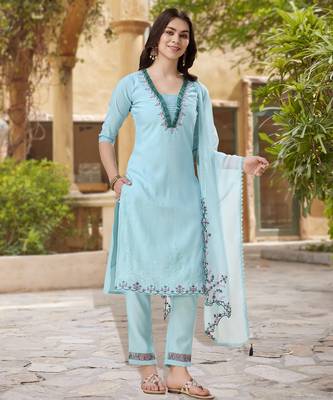 Sky blue viscose silk embroidered kurta with pant & dupatta 2