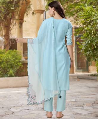 Sky blue viscose silk embroidered kurta with pant & dupatta 3