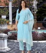 Sky blue viscose silk embroidered kurta with pant & dupatta