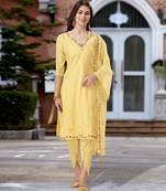 Yellow viscose silk embroidered kurta with dhoti pants & dupatta