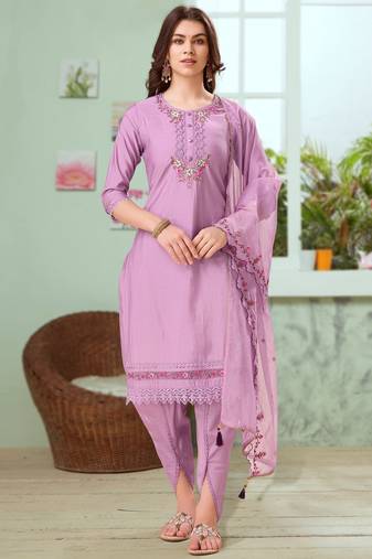 Lavender viscose silk embroidered kurta with dhoti pants & dupatta