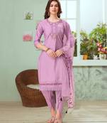 Lavender viscose silk embroidered kurta with dhoti pants & dupatta