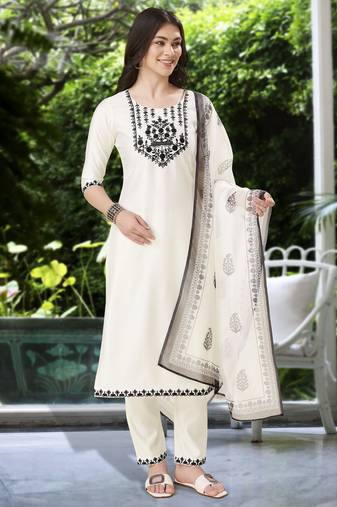 White viscose floral embroidered kurta with pant & dupatta