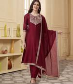 Maroon vichitra silk geometric jacquard kurta with pant & dupatta