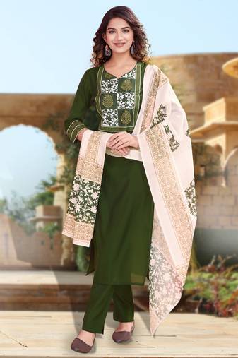 Green blend viscose silk ethnic motifs straight kurta with pant & printed dupatta