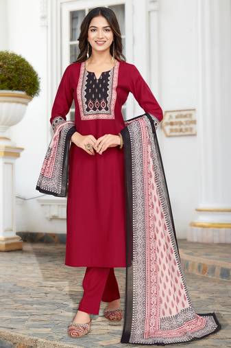 Red blend viscose silk ethnic motifs straight kurta with pant & printed dupatta