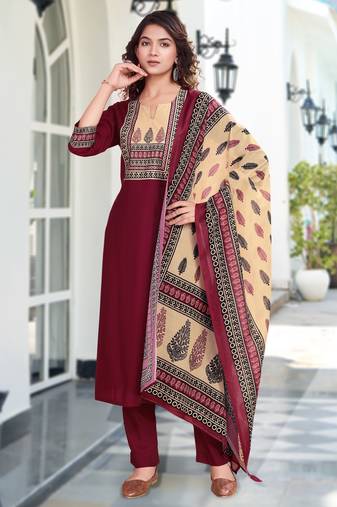 Maroon blend viscose silk ethnic motifs straight kurta with pant & printed dupatta