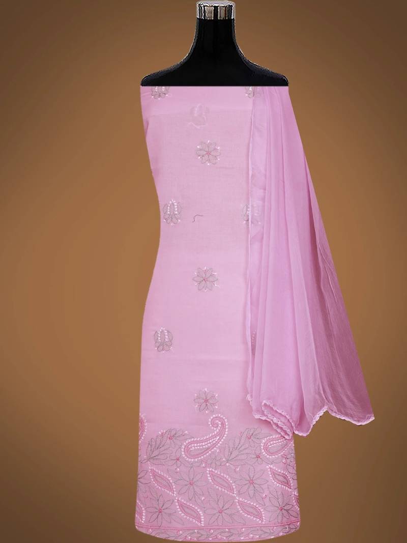 Hand embroidered pink cotton lucknowi chikankari unstitched suit piece