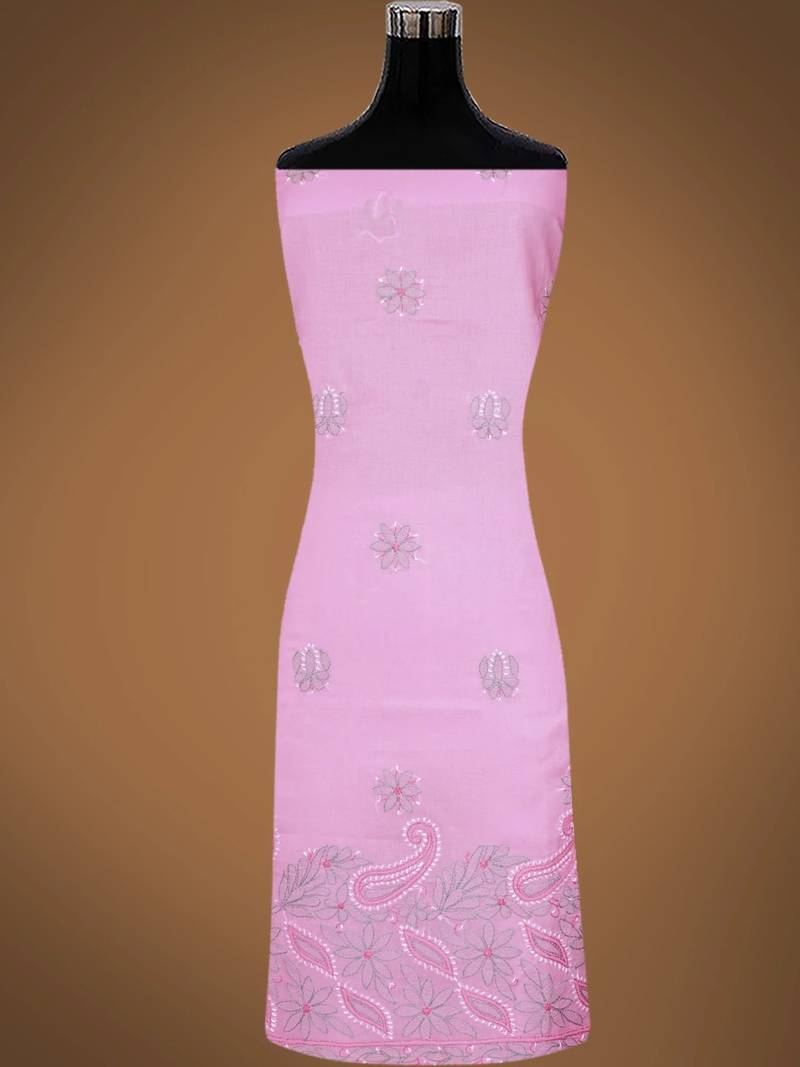 Hand embroidered pink cotton lucknowi chikankari unstitched suit piece