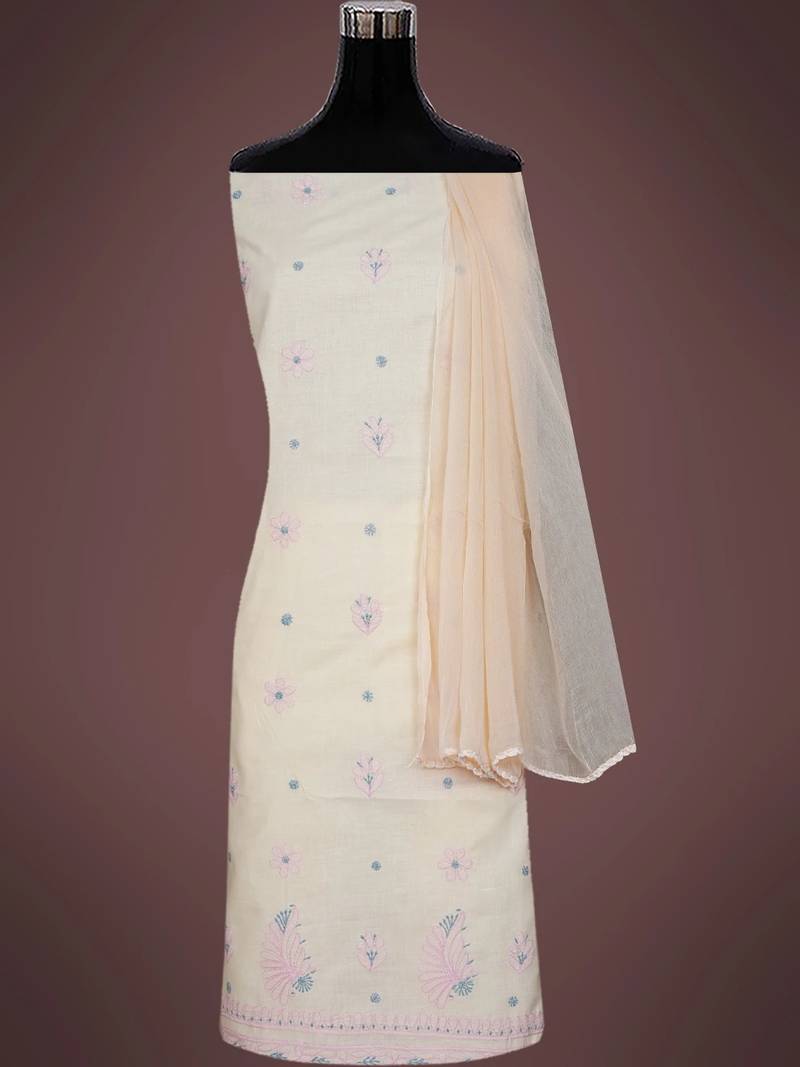 Hand embroidered peach cotton lucknowi chikankari unstitched suit piece